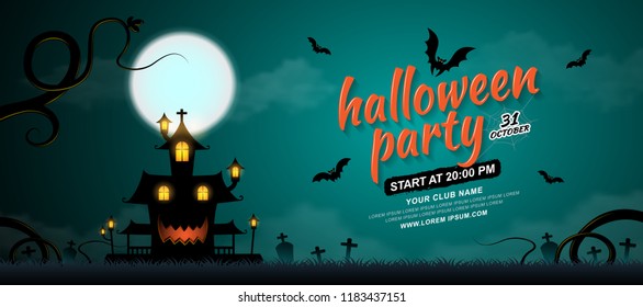 happy halloween party trick or treat banner template haunted house, bats, haunted tree and full moon on dark night background decoration for poster, flyer, web, coupon and card vector illustration