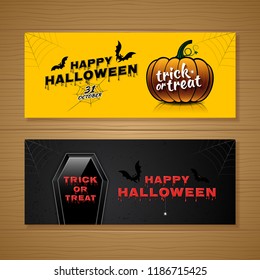 Happy halloween party trick or treat banner template pumpkin, coffin, bats and spider web on wood background decoration for poster, flyer, voucher, web and card vector illustration