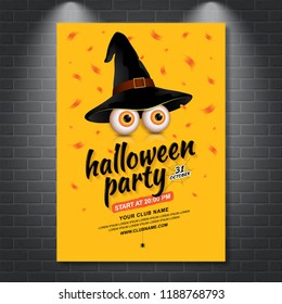 happy halloween party trick or treat poster template eyes with witch hat, bats and spider web on yellow background decoration for banner, flyer, web, coupon and card vector illustration