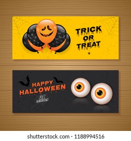 Happy halloween party trick or treat banner template balloons ghost, eyes, bats and spider web on wood background decoration for poster, flyer, voucher, web and card vector illustration