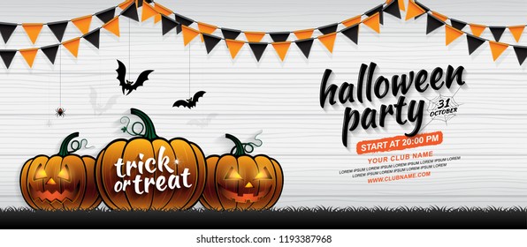 happy halloween party trick or treat banner template pumpkins, bats, flags and spider web on white wooden background decoration for poster, web, flyer, coupon and card vector illustration