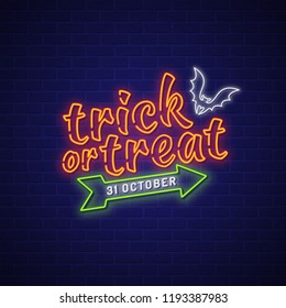 Happy halloween party trick or treat bat neon banner sign on black brick wall background decoration for neon sign, light banner, bright signboard vector illustration