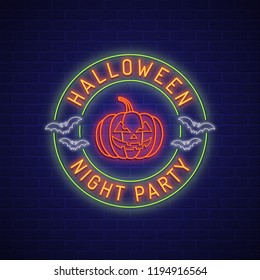 Happy halloween party trick or treat pumpkin and bats neon banner sign on black brick wall background decoration for neon sign, light banner, bright signboard vector illustration