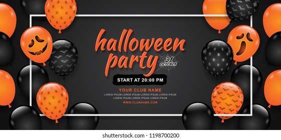 Happy halloween party trick or treat banner template balloons ghost, frame, bats and spider web on black background decoration for poster, flyer, voucher, web and card vector illustration