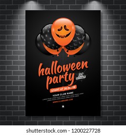Happy halloween party trick or treat poster template balloons ghost, bats and spider web on black background decoration for banner, flyer, voucher, web and card vector illustration