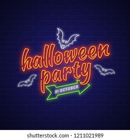 Happy halloween party trick or treat ghost neon lights banner sign on black brick wall background decoration for neon sign, light banner, bright signboard vector illustration