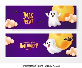 Happy halloween party and trick or treat with 3d cute spirit ghost and moon with cloud and bat illustration at purple night background
