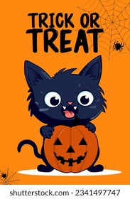 Happy Halloween party Trick or Treat greeting card with black cat, pumpkin, spider web, text vector illustartion. Holidays funny cartoon character. For poster, banner, greeting card, decoration