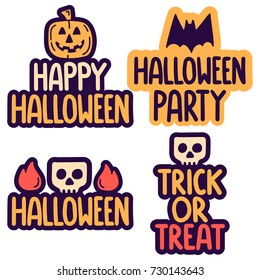 Happy halloween, party, trick or treat. Set of vector hand drawn labels, badges, stickers with pumpkin, skull, bat icons illustrations on white background.