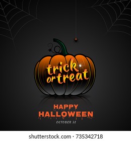 happy halloween party trick or treat pumpkin and spider web on black background decoration for poster, web, banner, sticker and card vector illustration
