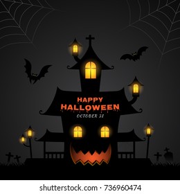happy halloween party trick or treat haunted house, bats and spider web on black background decoration for poster, web, banner, sticker and card vector illustration