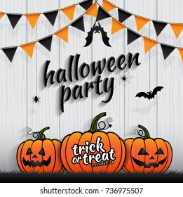 happy halloween party trick or treat pumpkins, bats and spider web on white wooden background decoration for poster, web, banner, sticker and card vector illustration Eps10