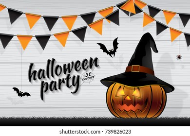 happy halloween party trick or treat pumpkin with witch hat, bats and spider web on white wooden background decoration for poster, web, banner, sticker and card vector illustration Eps10