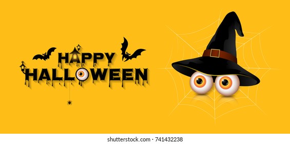 happy halloween party trick or treat balloons, bats and spider web on yellow background decoration for poster, web, banner, sticker and card vector illustration Eps10