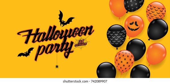 happy halloween party trick or treat balloons, bats and spider web on yellow background decoration for poster, web, banner, sticker and card vector illustration Eps10
