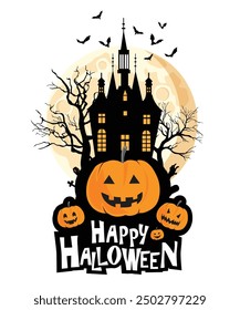 Happy Halloween party t-shirt design, poster or banner vector template. full moon Halloween pumpkin ghost. Abandoned house. Bats. Cemetery with graves. Zombie hands. Halloween Vector illustration.