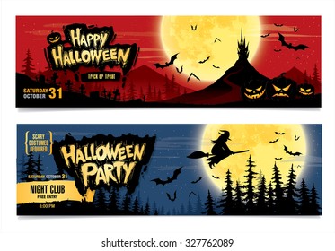 Happy Halloween. Halloween party. Two vector banners. Color illustration