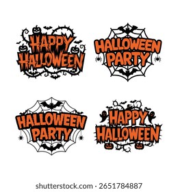 Feliz Halloween e Halloween Festa tipografia com abóbora, morcegos e teias de aranha. ilustração vetorial.