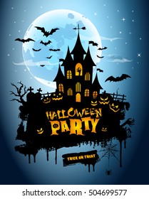 Happy halloween party vector background, night background with creepy castle and pumpkins illustration. vector elements for banner, greeting card halloween celebration, halloween party poster.