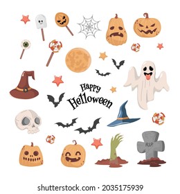Happy Halloween party vector flat cartoon card design with text space. Ghost, witch hat, stars, candies, human eyes, skull, bats, zombie hand, and pumpkin heads isolated on white background.