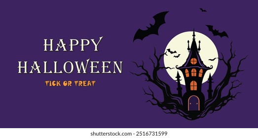 Happy Halloween party, Vector illustration, Full moon, witch cauldron, flying bat, haunted house