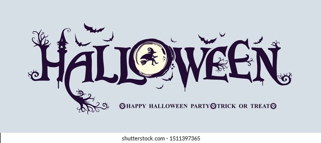 Happy Halloween Party vector logo with and a pretty witch on a background of the full moon. Halloween lettering composition for banner, poster, greeting card, party invitation.
