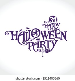 Happy Halloween Party vector logo with and a pretty witch. Halloween lettering composition for banner, poster, greeting card, party invitation.
