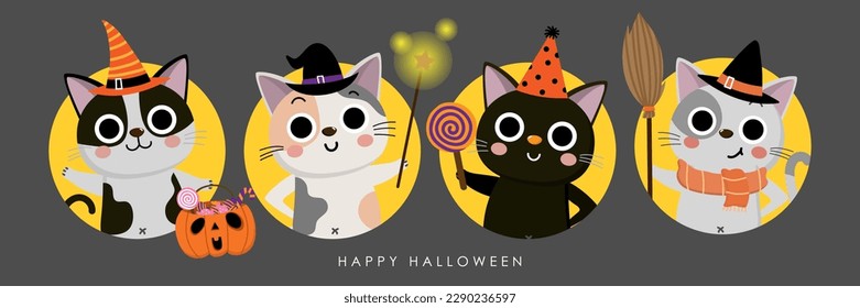 Happy halloween party wallpaper and banner with cute cat in witch costume. Holidays cartoon character. -Vector