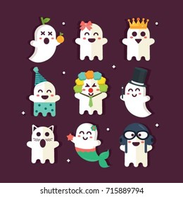 Happy Halloween. Party white ghosts set. Cute cartoon spooky character.