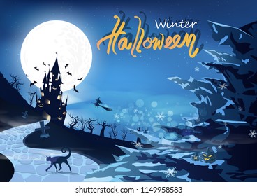 Happy halloween party, winter snowflakes falling concept, mystic castle silhouette fantasy with ice mountains, magic and miracle abstract background vector illustration