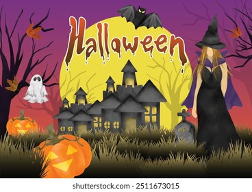 Feliz fiesta de Halloween bruja y castillo luna grande con Anuncio de árbol muerto para el evento de octubre, calabaza, lindo fantasma, murciélago con fondo degradado naranja y púrpura