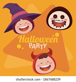 happy halloween party with witch and devil and skeleton heads vector illustration design