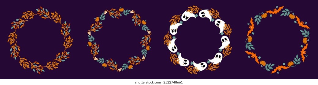 Happy Halloween party wreaths with cute ghosts, creepy pumpkin, bats, flowers and fancy hat. For the design of cards, posters, invitations, books