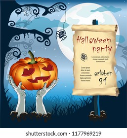 Happy Halloween party. Zombie hands holding pumpkin rising out from the grave in the night. Moon light night background with fog. Vector illustration.