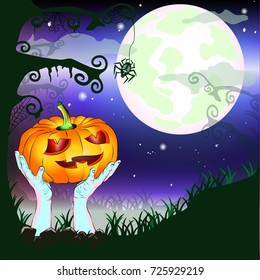 Happy Halloween party with zombie hands, pumpkin, tree and spider. Moon light night background with fog. Vector illustration.