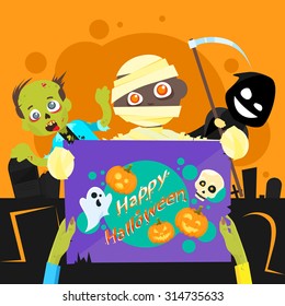 Happy Halloween Party Zombie Night Poster Invitation Banner Card Flat Vector Illustration