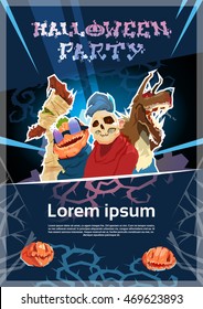 Happy Halloween Party Zombie Night Poster Invitation Banner Card Flat Vector Illustration