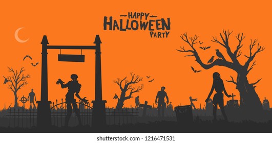 Happy halloween party with zombies on cemetery background orange color. Vector design for invitation card, greeting card, poster and banner halloween celebration event