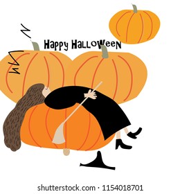 Happy Halloween party.Little witch  lazy  sleeping  on pumpkin.