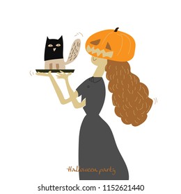 Happy Halloween party.Witch pumpkin and cat, Hand drawn.