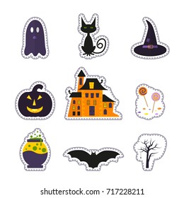 Happy Halloween patch badges with ghost, pumpkin, bat, cat, candy and other symbols of holidays. Isolated illustrations - great for stickers, embroidery, badges.