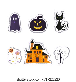 Happy Halloween patch badges with ghost, pumpkin, bat, cat, candy and other symbols of holidays. Isolated illustrations - great for stickers, embroidery, badges.