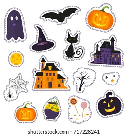 Happy Halloween patch badges with ghost, pumpkin, bat, cat, candy and other symbols of holidays. Isolated illustrations - great for stickers, embroidery, badges.