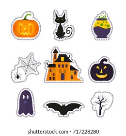 Happy Halloween patch badges with ghost, pumpkin, bat, cat, castle and other symbols of holidays. Isolated illustrations - great for stickers, embroidery, badges.