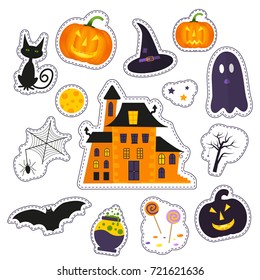 Happy Halloween patch badges with ghost, pumpkin, bat, cat, candy and other symbols of holidays. Isolated illustrations - great for stickers, embroidery, badges.