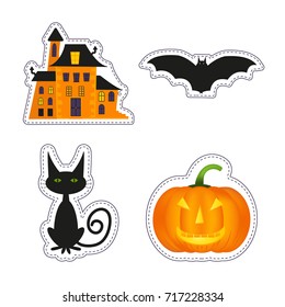 Happy Halloween patch badges with pumpkin, bat, cat, castle and other symbols of holidays. Isolated illustrations - great for stickers, embroidery, badges.