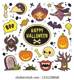 Happy Halloween patches collection. Vector illustration of funny cartoon Halloween symbols and icons, such as scary pumpkins, skull, bat, spider, witch and grave. Isolated on white.