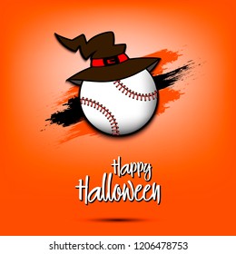 Happy Halloween pattern. Baseball template design. Baseball ball with witch hat. Design pattern for banner, poster, greeting card, flyer, party invitation. Vector illustration