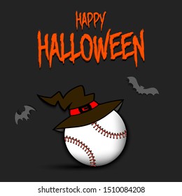 Happy Halloween pattern. Baseball template design. Baseball ball with witch hat. Design pattern for banner, poster, greeting card, flyer, party invitation. Vector illustration