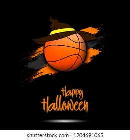 Happy Halloween pattern. Basketball template design. Basketball ball with witch hat. Design pattern for banner, poster, greeting card, flyer, party invitation. Vector illustration
